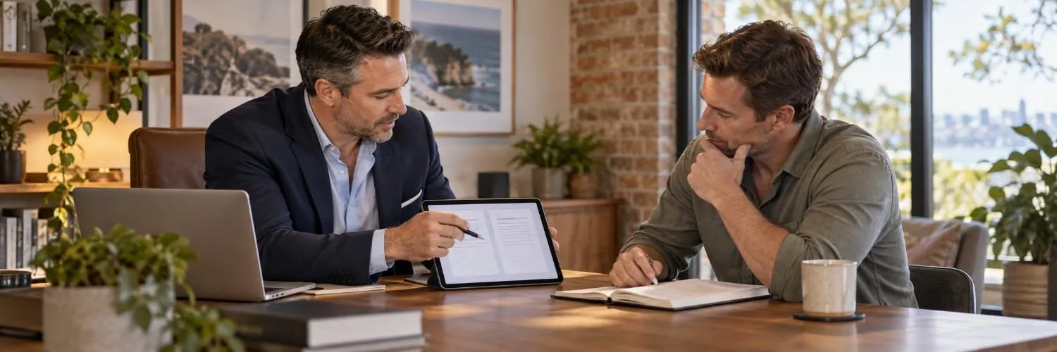 Two Men Reviewing Strategy Blueprint